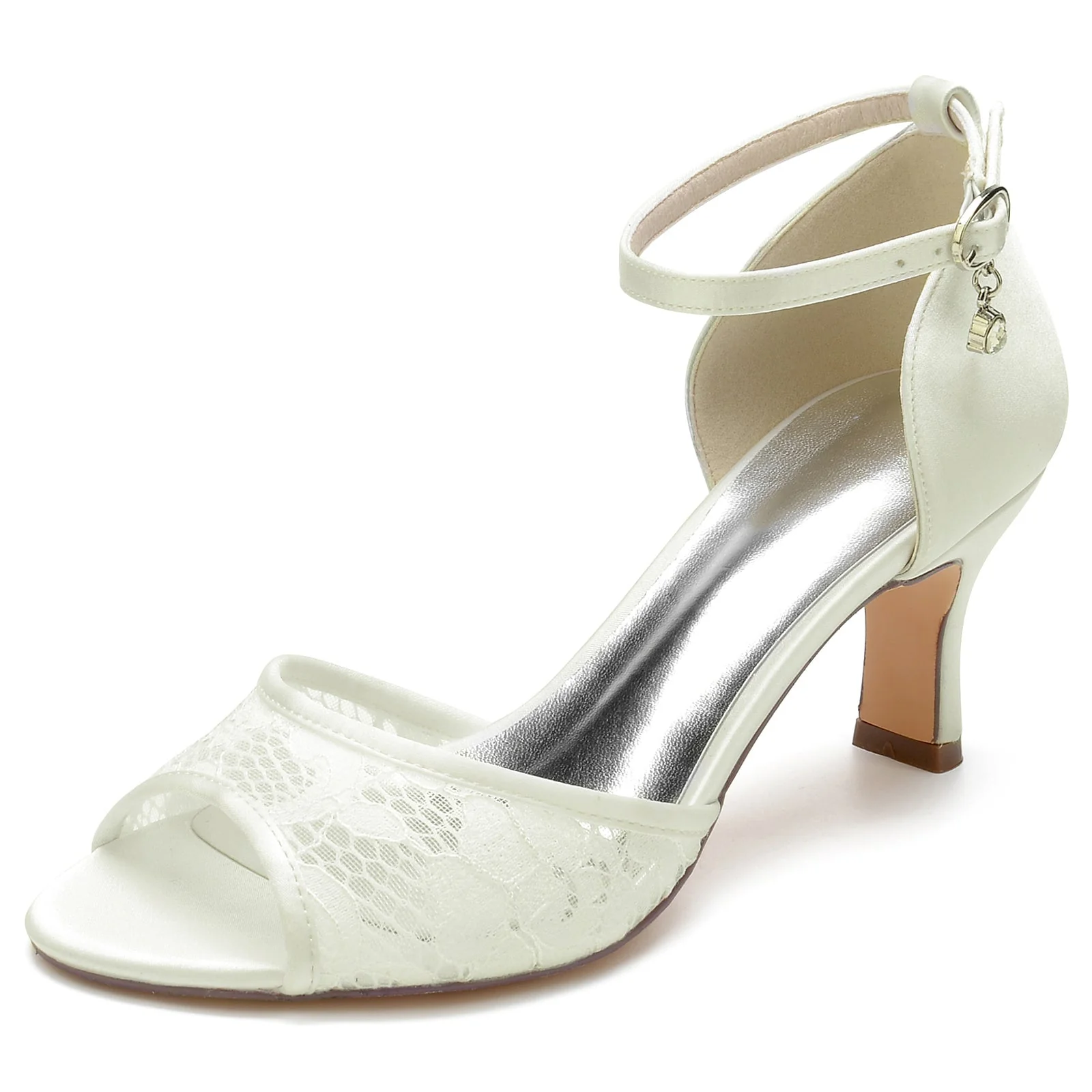 Women's Wedding Shoes Lace Rhinestone Mid Heel Peep Toe Buckle Bridal Shoes - Image 8