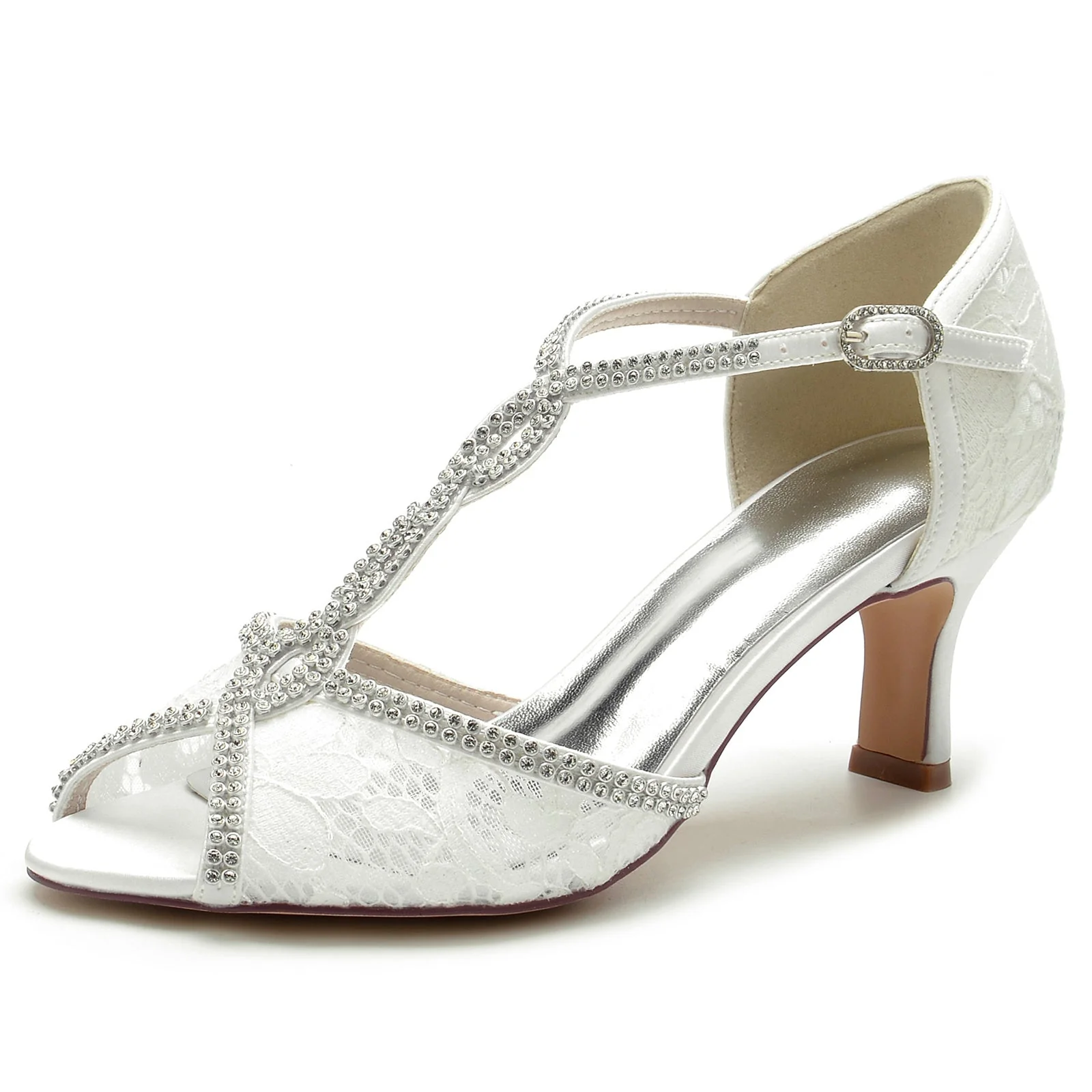 Women's Wedding Shoes Lacework Mini Crystal Strappy Mid Peep Toe Buckle Bridal Shoes - Image 3