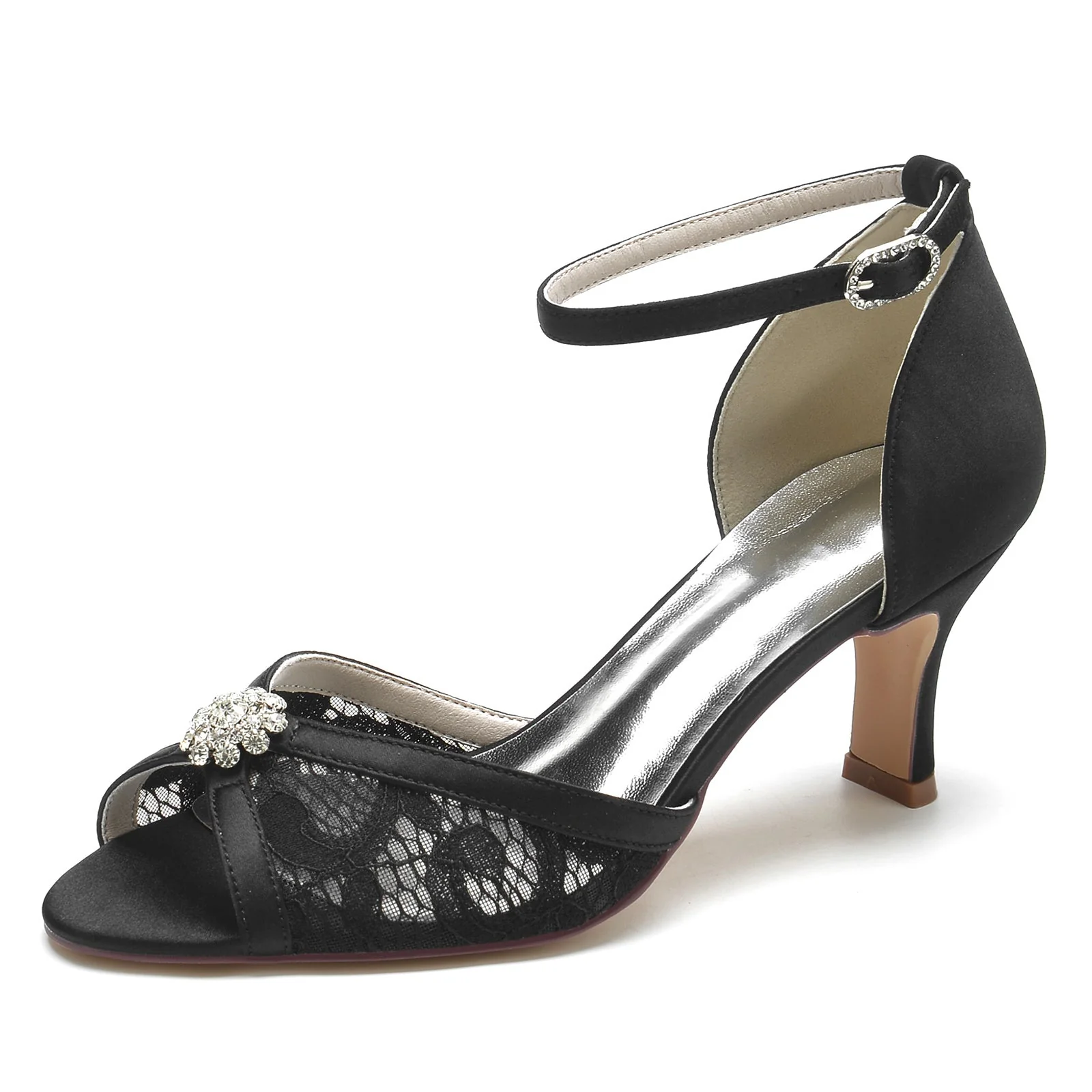 Women's Wedding Shoes Lacework Rhinestone Flower Mid Peep Toe Buckle Bridal Shoes - Image 7