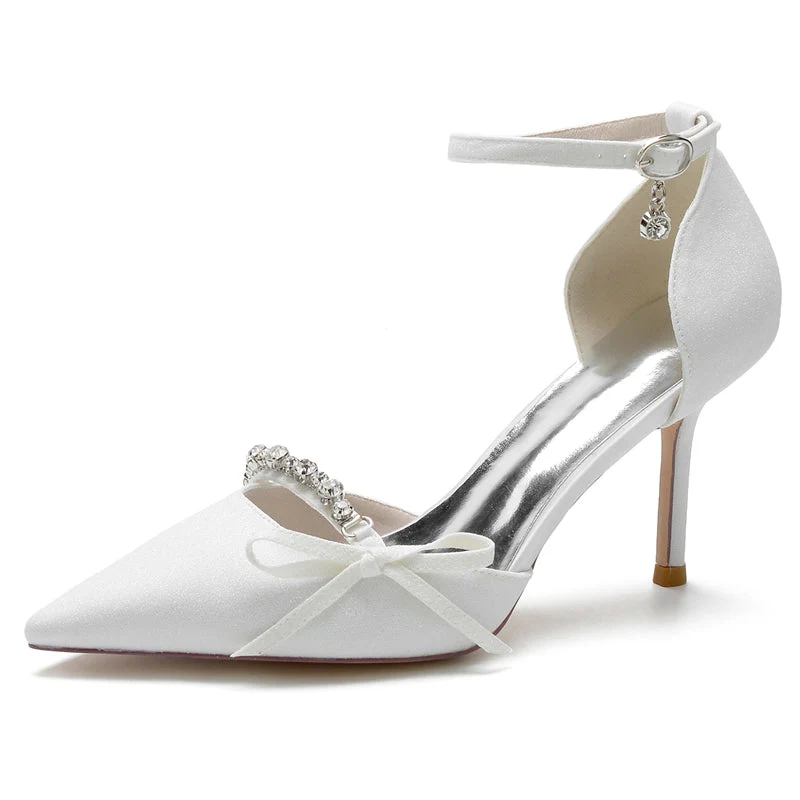 Women's Wedding Shoes Luxurious Pointed Toe Buckle Bridal Shoes with Rhinestone & Bow Knot - Image 2
