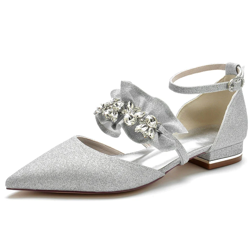 Women's Wedding Shoes Luxurious Pointed Toe Buckle Bridal Shoes with Rhinestone & Ruffles - Image 3