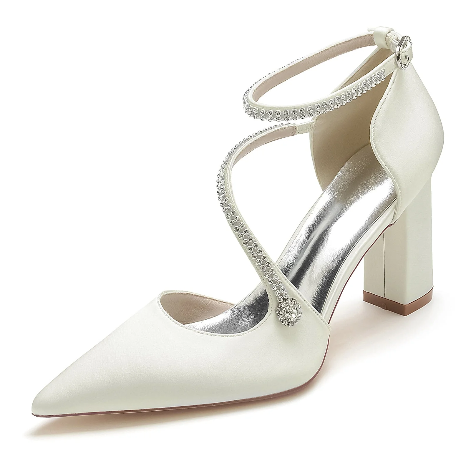 Women's Wedding Shoes Mini Rhinestone Block Pointed Toe Buckle Bridal Shoes - Image 6