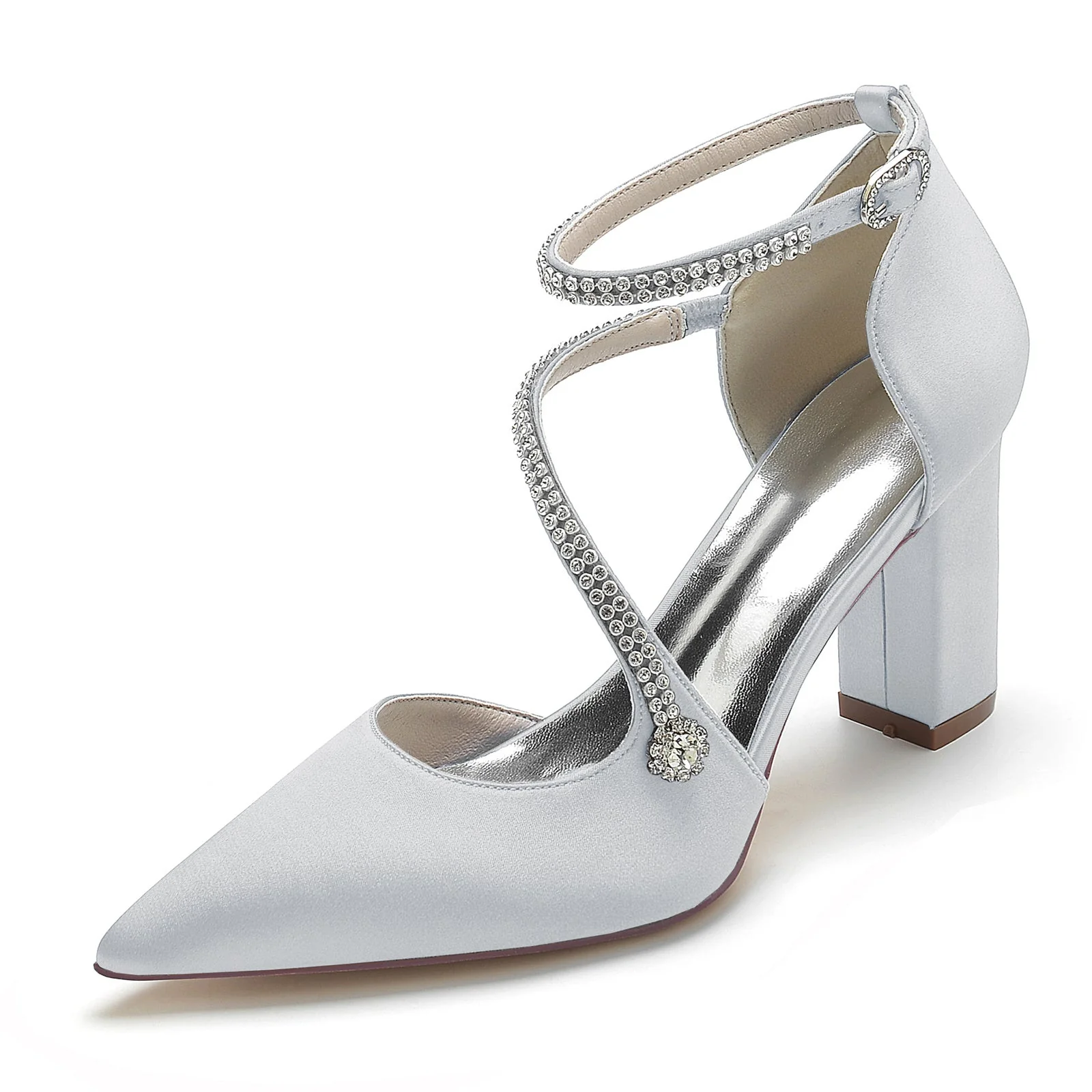 Women's Wedding Shoes Mini Rhinestone Block Pointed Toe Buckle Bridal Shoes - Image 8