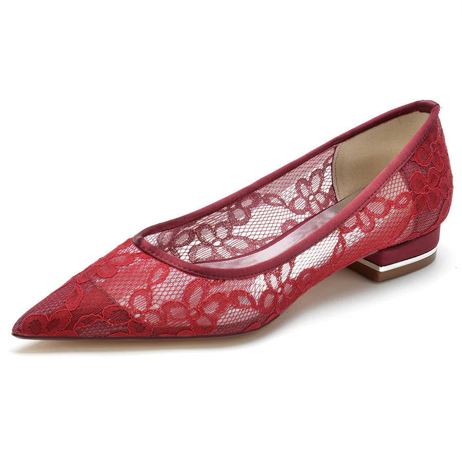 Women's Wedding Shoes Minimalist Pointed Toe Low Heel Lace Bridal Shoes - Image 5
