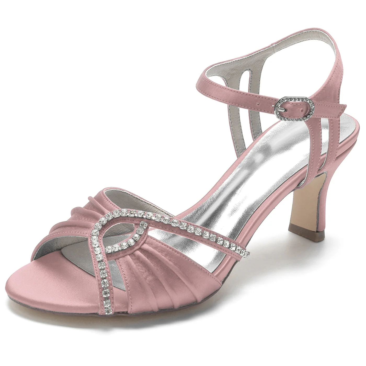 Women's Wedding Shoes Open Toe Ruffle Rhinestone Buckle Mid Heel Bridal Shoes - Image 14