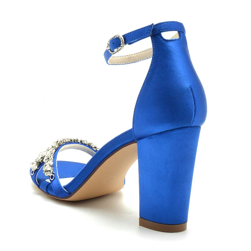 Women's Wedding Shoes Opened Toe Block Heel Rhinestone Strap Buckle Bridal Shoes - Image 5