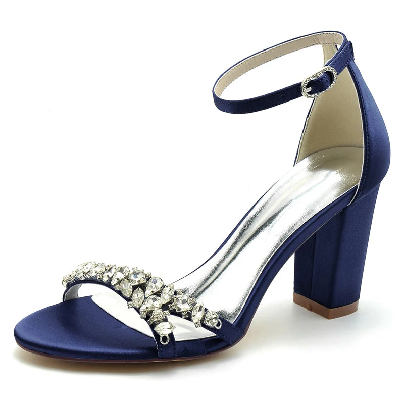 Women's Wedding Shoes Opened Toe Block Heel Rhinestone Strap Buckle Bridal Shoes - Image 6