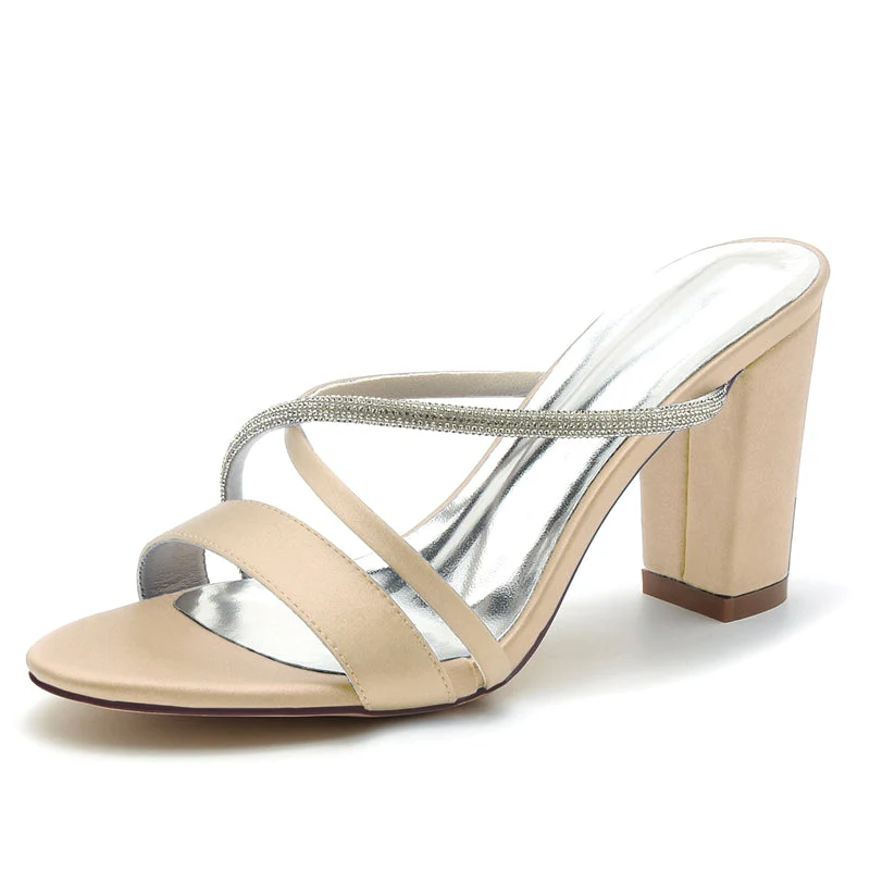 Women's Wedding Shoes Opened Toe Chunky Heel Asymmetrical Straps Slip-On Bridal Shoes - Image 12