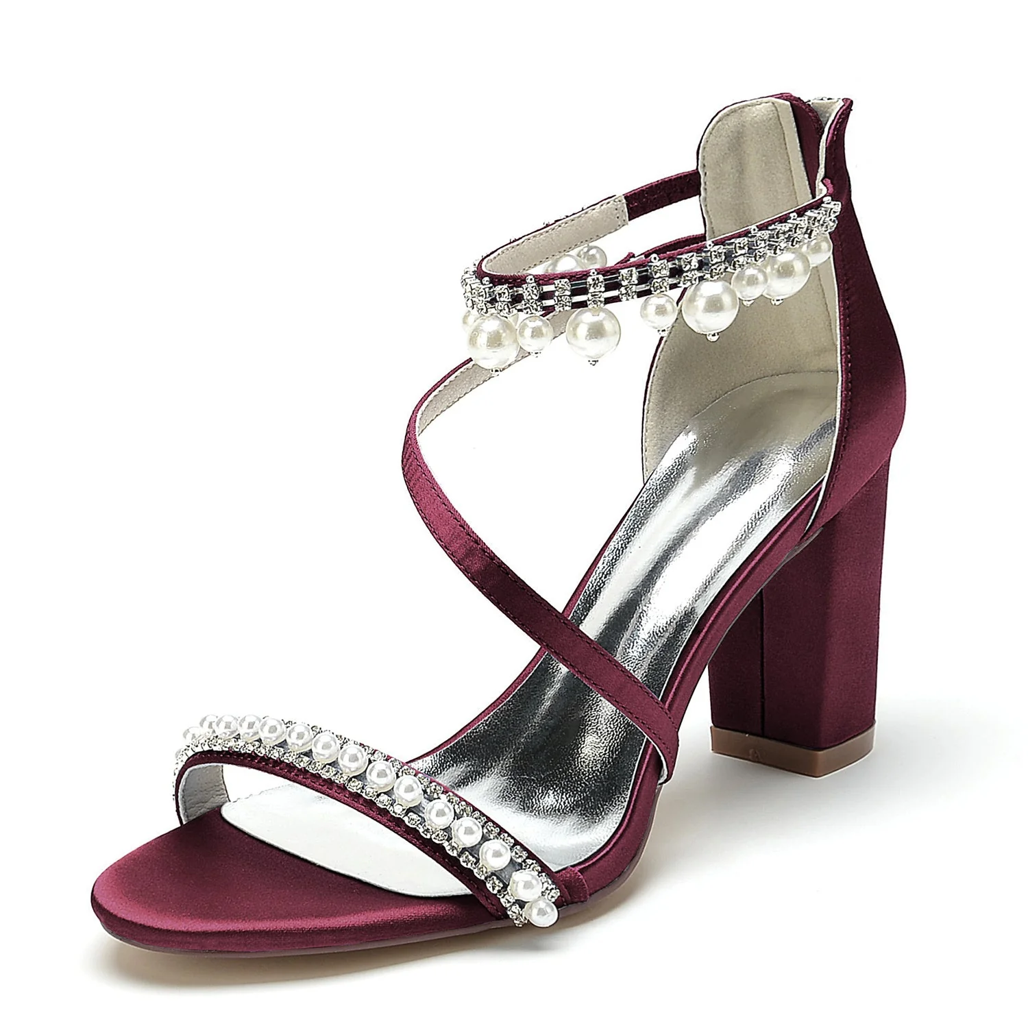 Women's Wedding Shoes Opened Toe Chunky Heel Rhinestone Pearl Buckle Bridal Shoes - Image 10