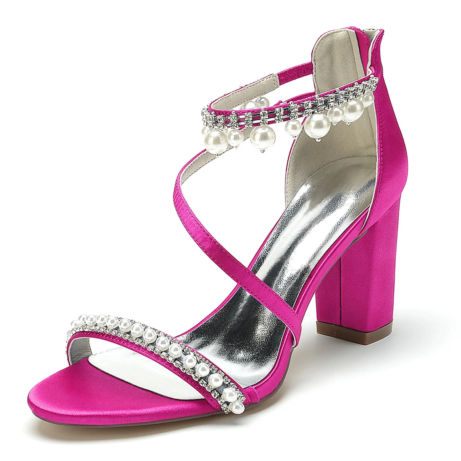 Women's Wedding Shoes Opened Toe Chunky Heel Rhinestone Pearl Buckle Bridal Shoes - Image 11