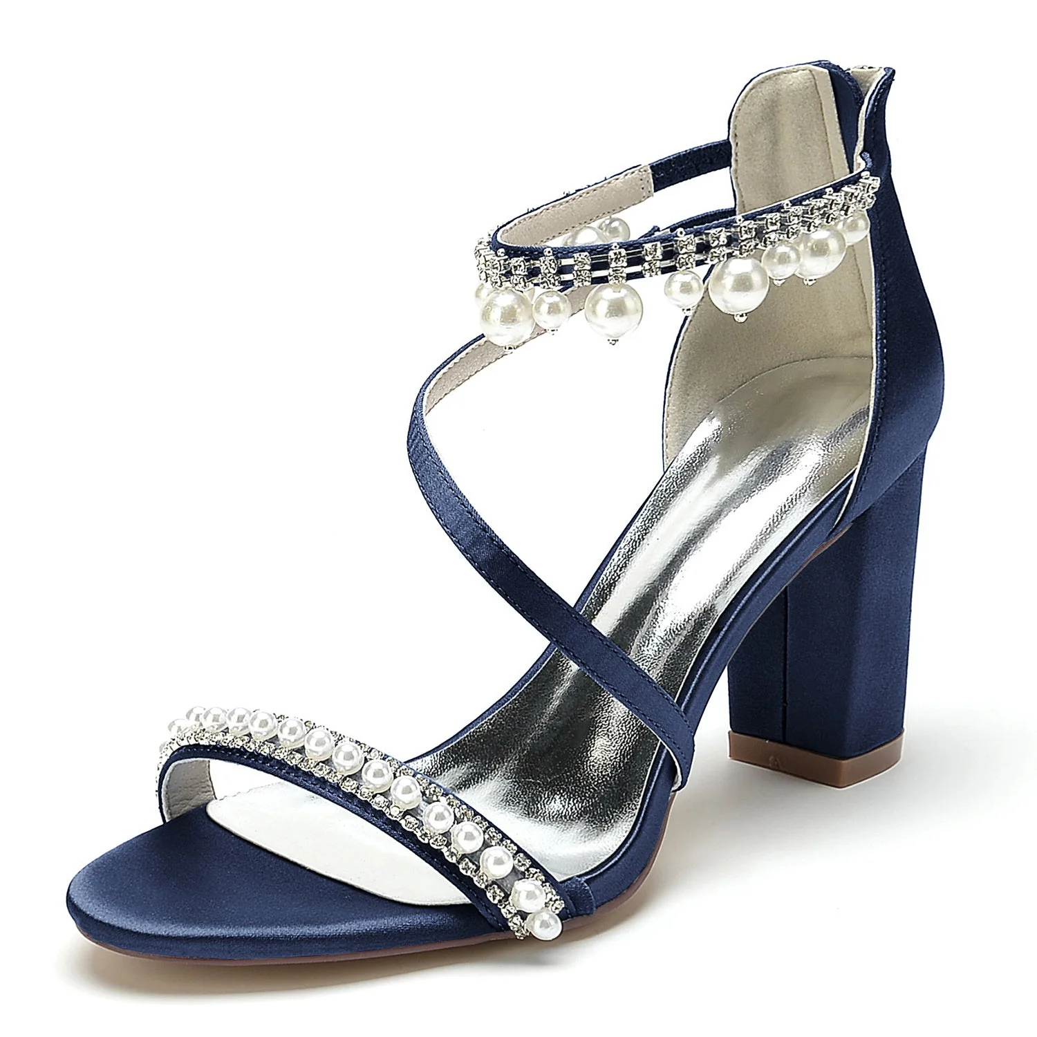Women's Wedding Shoes Opened Toe Chunky Heel Rhinestone Pearl Buckle Bridal Shoes - Image 12