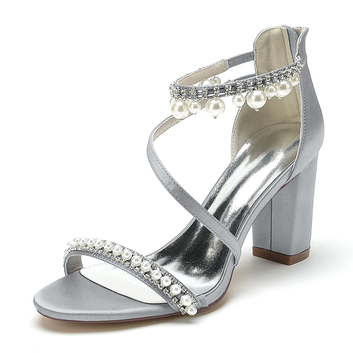 Women's Wedding Shoes Opened Toe Chunky Heel Rhinestone Pearl Buckle Bridal Shoes - Image 15