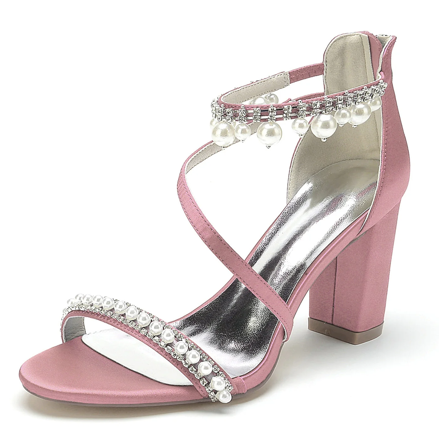Women's Wedding Shoes Opened Toe Chunky Heel Rhinestone Pearl Buckle Bridal Shoes - Image 16