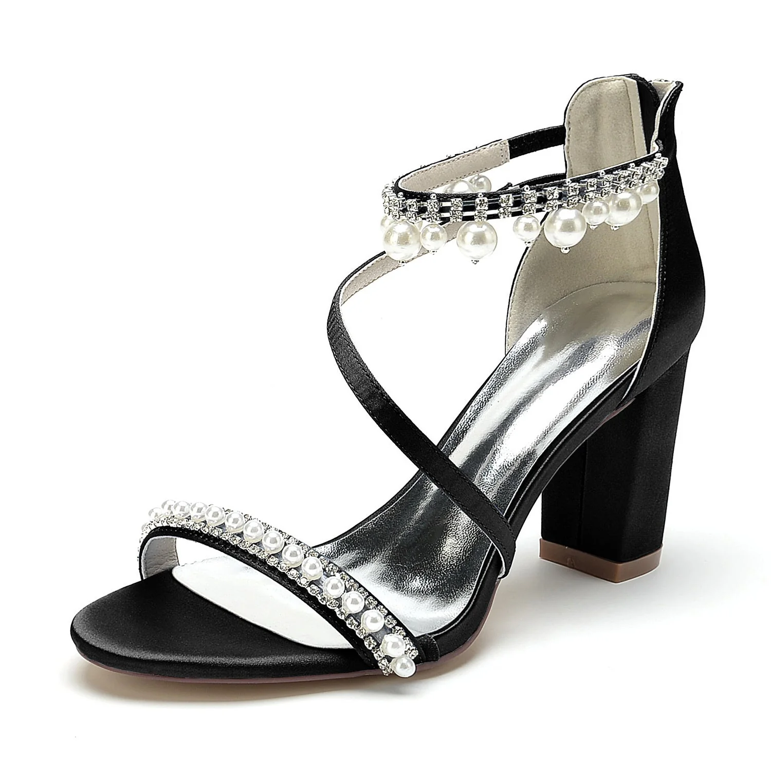 Women's Wedding Shoes Opened Toe Chunky Heel Rhinestone Pearl Buckle Bridal Shoes - Image 8