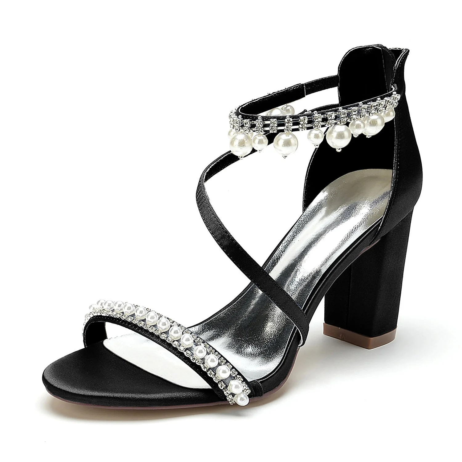 Women's Wedding Shoes Opened Toe Chunky Heel Rhinestone Pearl Buckle Bridal Shoes - Image 9