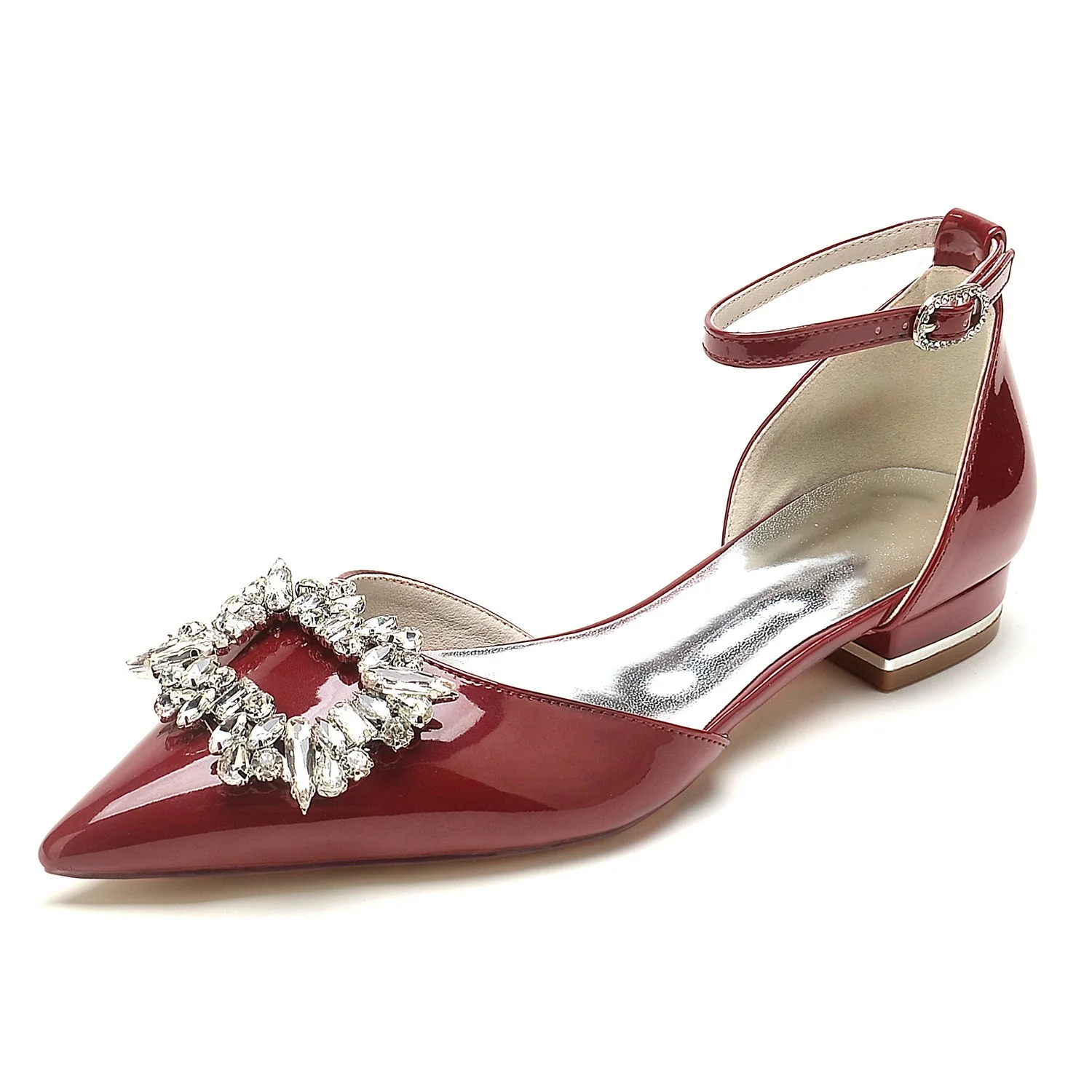 Women's Wedding Shoes Patent Leather Square Rhinestone Low Pointed Toe Bridal Shoes - Image 7