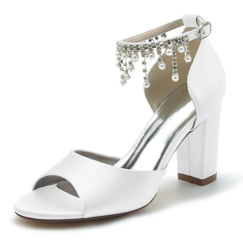 Women's Wedding Shoes Peep Toe Chunky Heel Elegant Buckle Bridal Shoes with Pearl Tassel - Image 8
