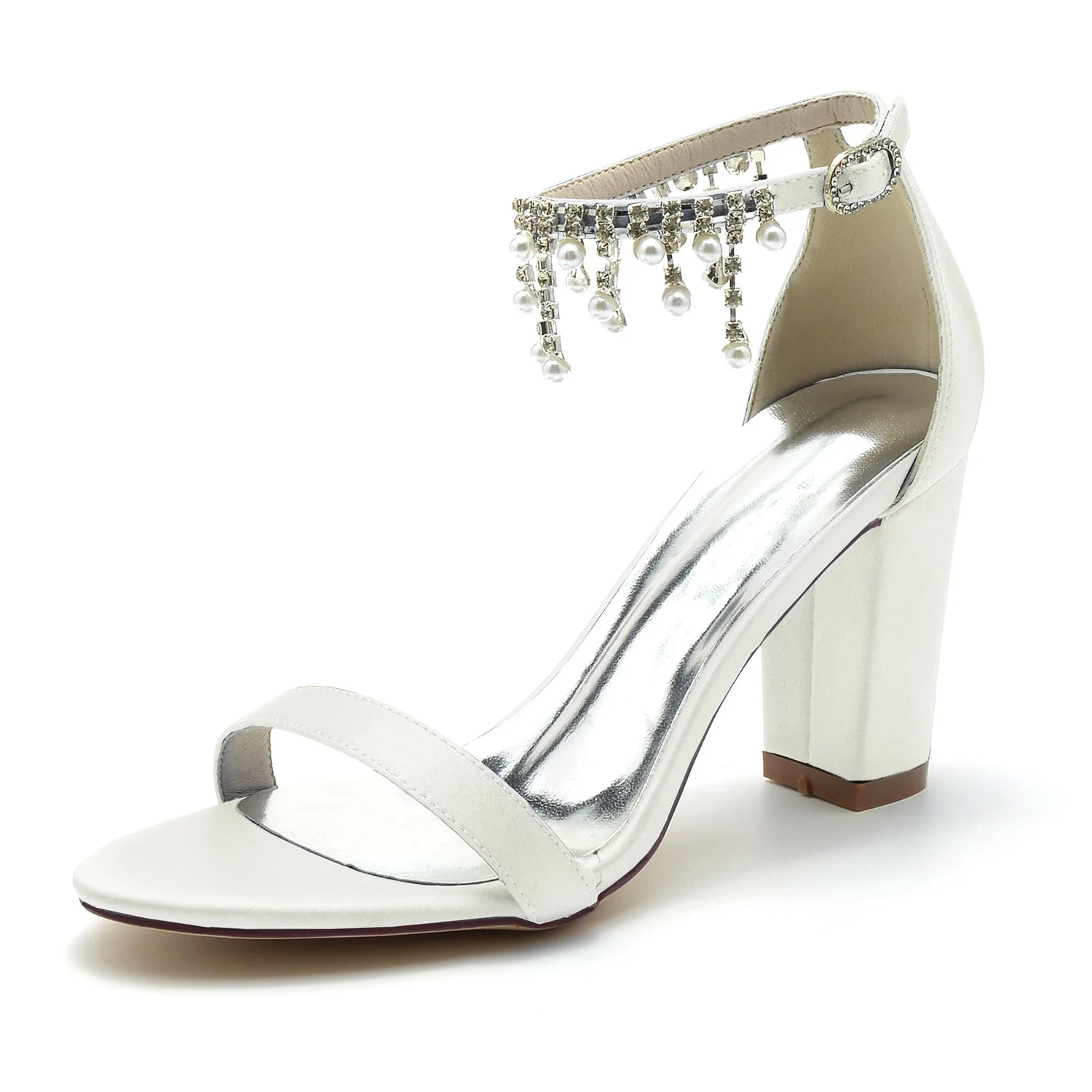 Women's Wedding Shoes Peep Toe Chunky Heel Rhinestone Ankle Strap Bridal Shoes - Image 10
