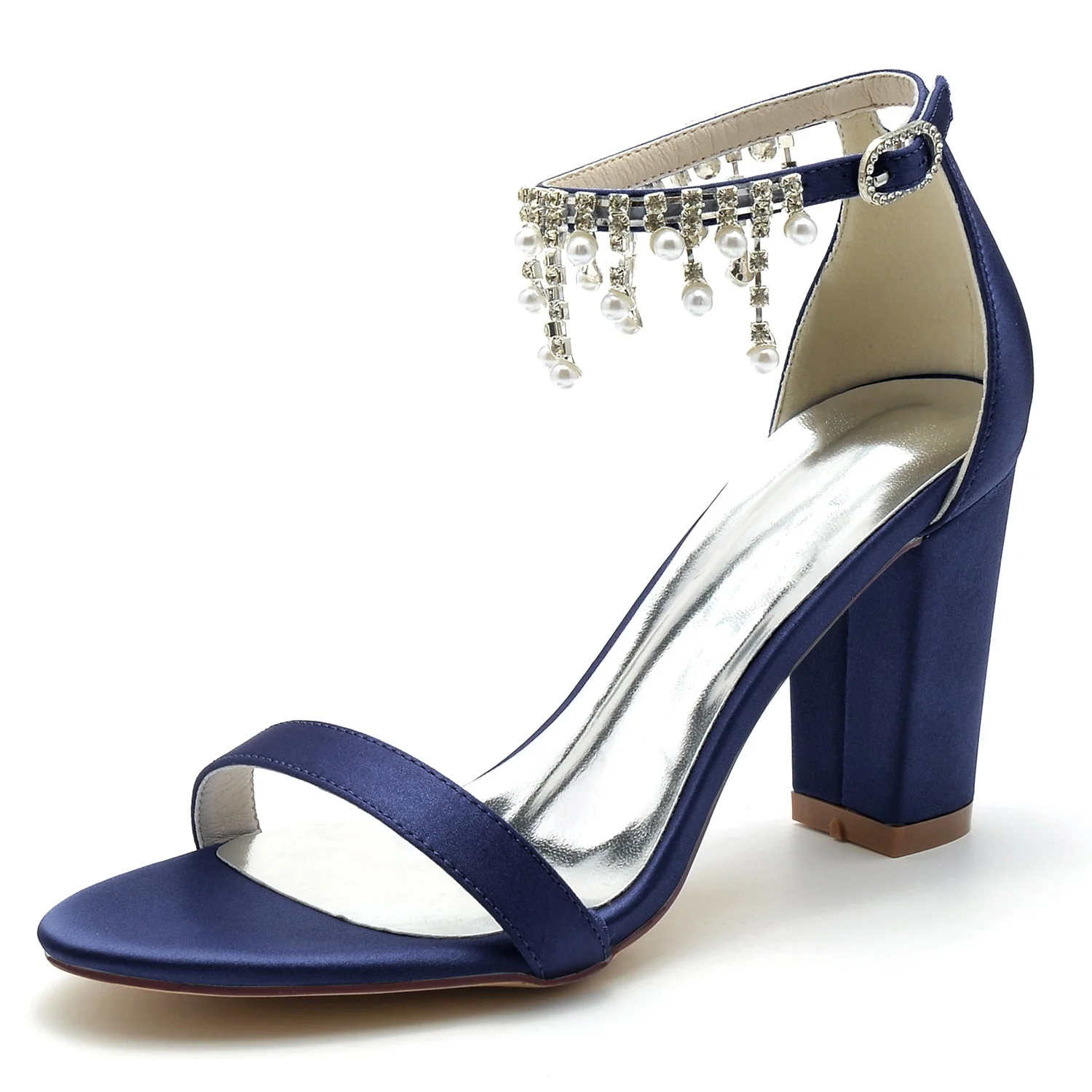 Women's Wedding Shoes Peep Toe Chunky Heel Rhinestone Ankle Strap Bridal Shoes - Image 8