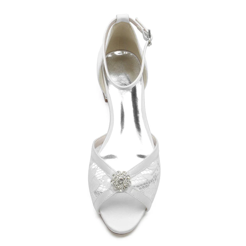 Women's Wedding Shoes Peep Toe Low Heel Lace Cutout Buckle Bridal Shoes with Rhinestone - Image 2