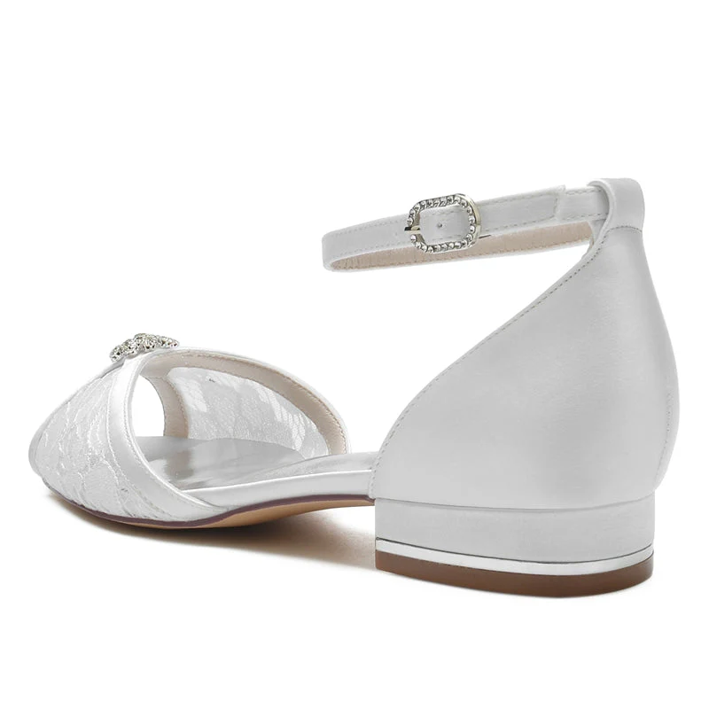 Women's Wedding Shoes Peep Toe Low Heel Lace Cutout Buckle Bridal Shoes with Rhinestone - Image 4