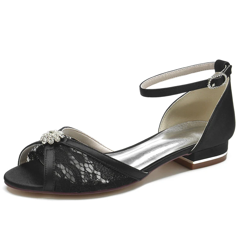 Women's Wedding Shoes Peep Toe Low Heel Lace Cutout Buckle Bridal Shoes with Rhinestone - Image 9
