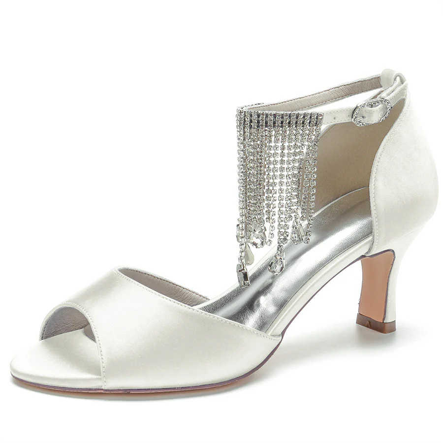 Women's Wedding Shoes Peep Toe Mid Heel Buckle Bridal Shoes with Rhinestons Tassel - Image 11