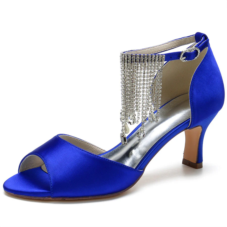 Women's Wedding Shoes Peep Toe Mid Heel Buckle Bridal Shoes with Rhinestons Tassel - Image 5