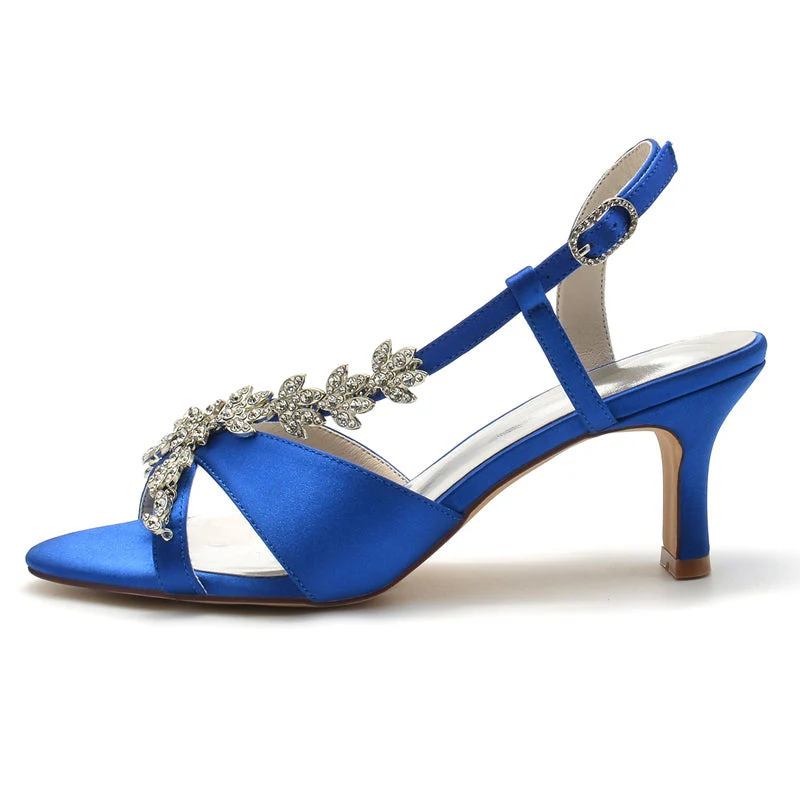 Women's Wedding Shoes Peep Toe Mid Heel Leaf Rhinestone Straps Buckle Bridal Shoes - Image 2