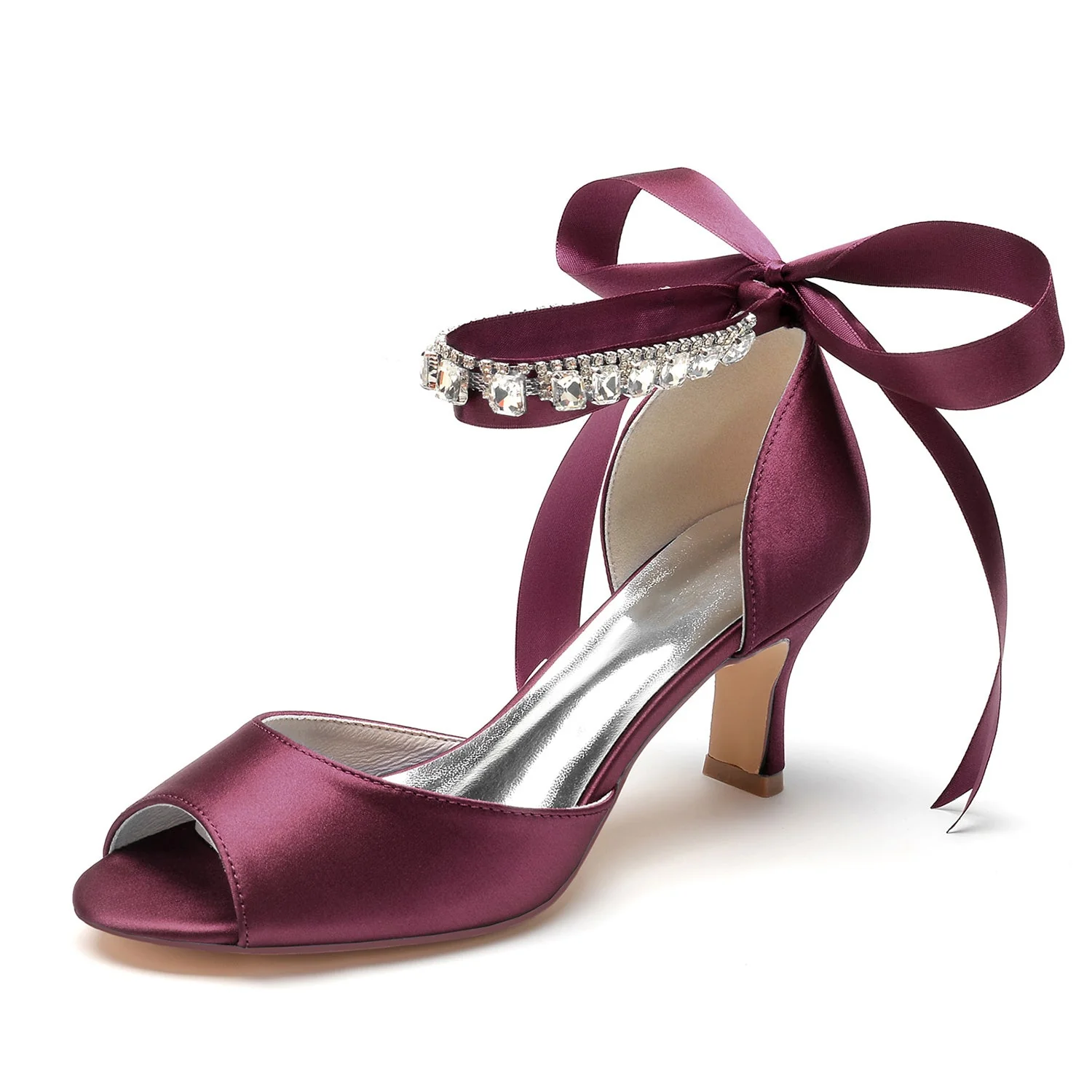 Women's Wedding Shoes Peep Toe Mid Heel Rhinestone Bow Buckle Bridal Shoes - Image 10