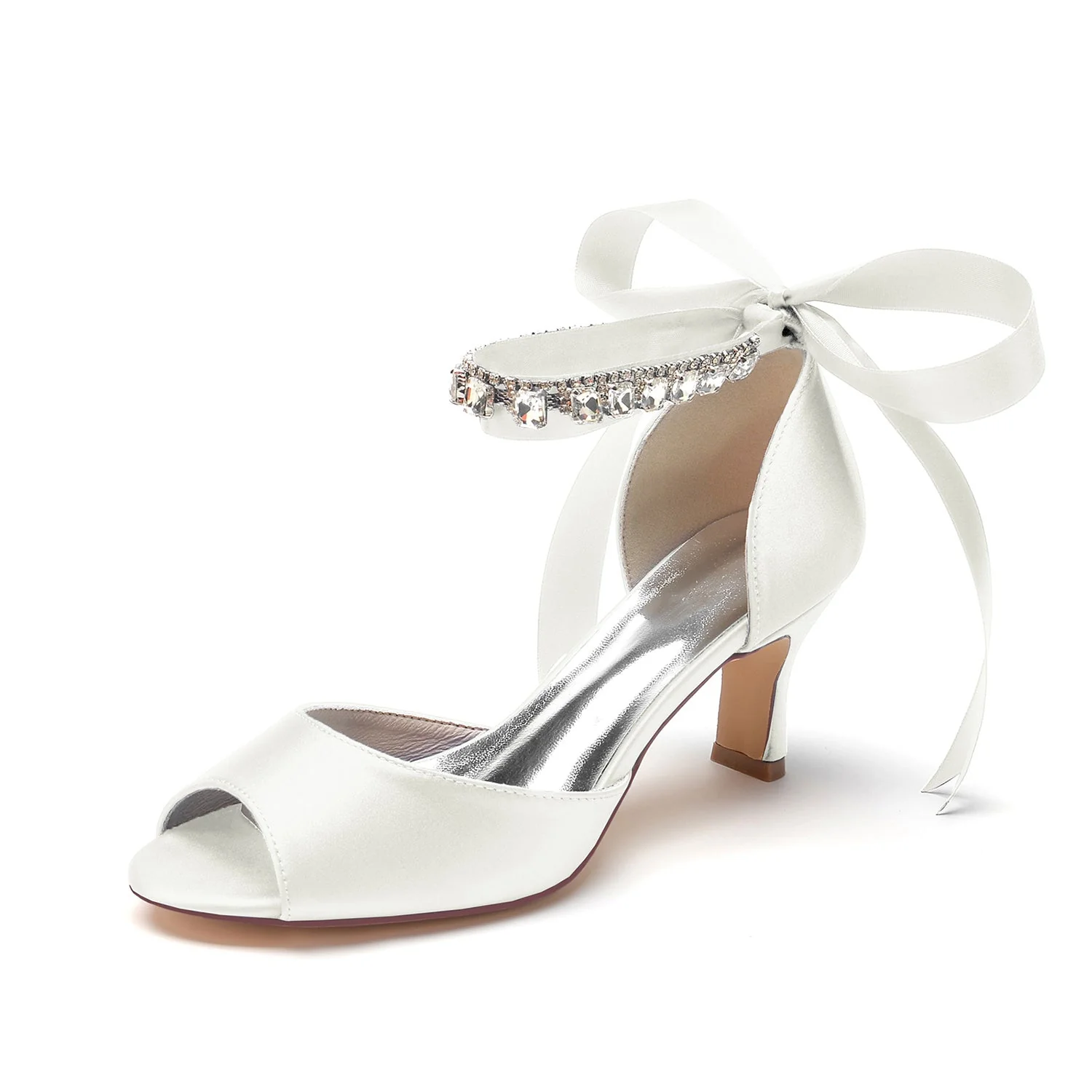 Women's Wedding Shoes Peep Toe Mid Heel Rhinestone Bow Buckle Bridal Shoes - Image 13