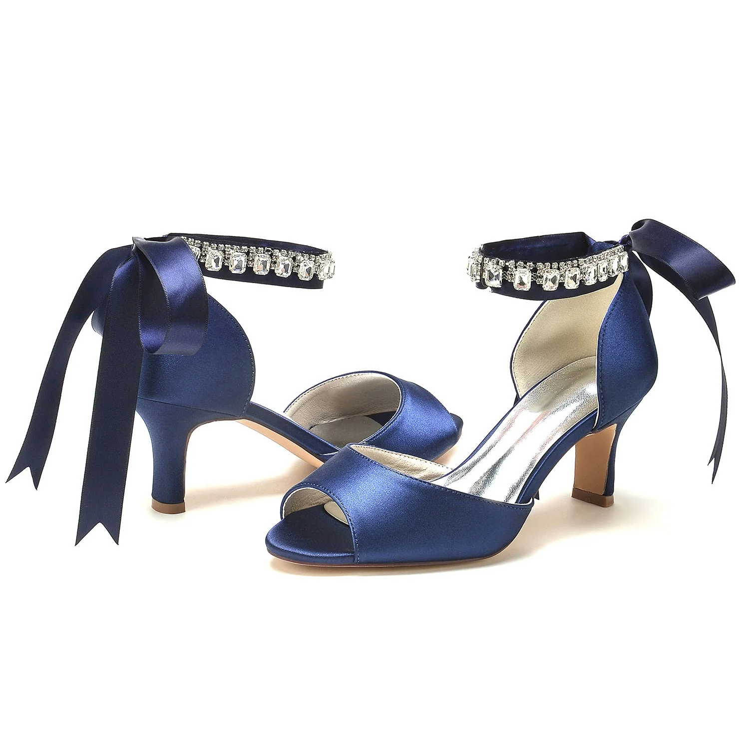 Women's Wedding Shoes Peep Toe Mid Heel Rhinestone Bow Buckle Bridal Shoes - Image 15