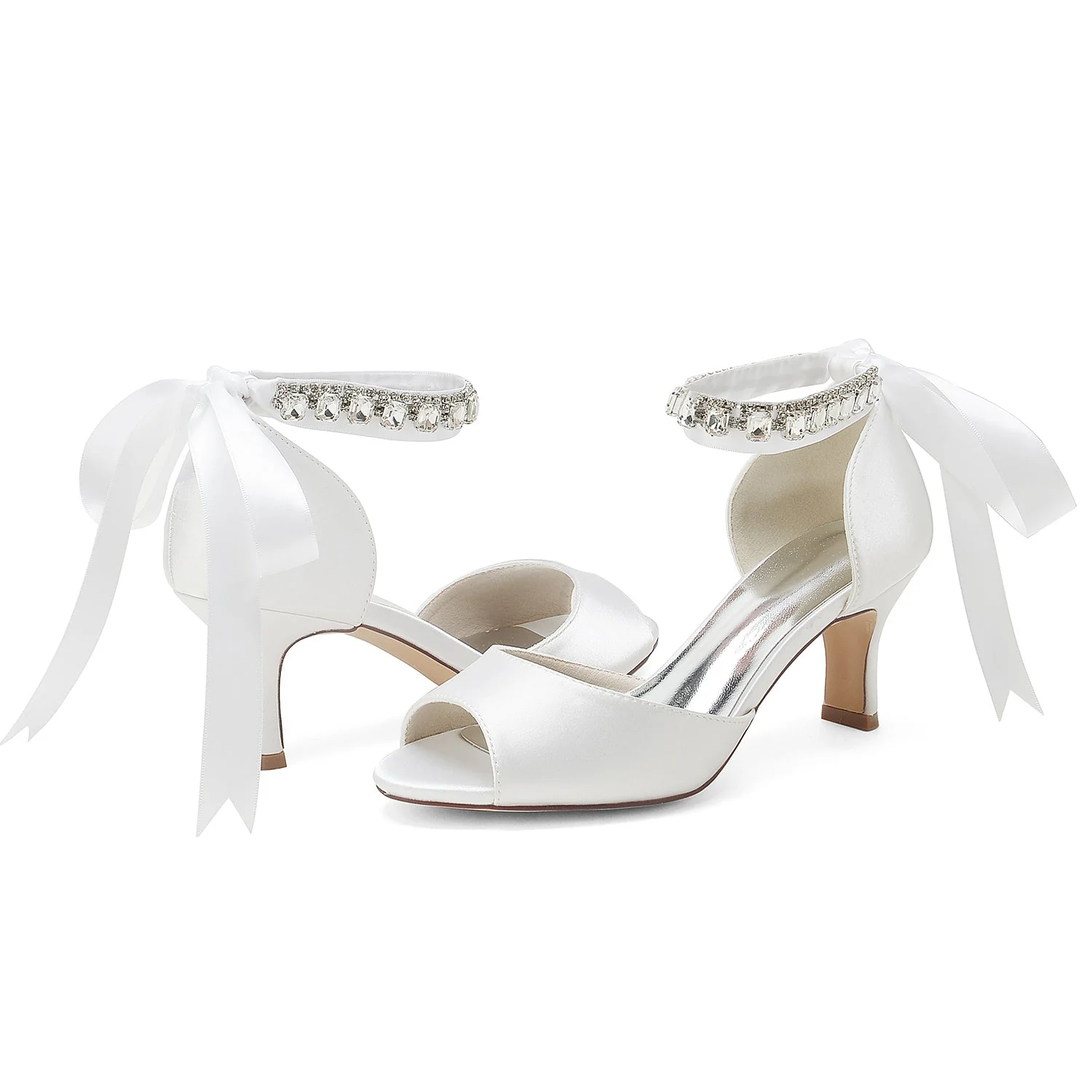 Women's Wedding Shoes Peep Toe Mid Heel Rhinestone Bow Buckle Bridal Shoes - Image 2