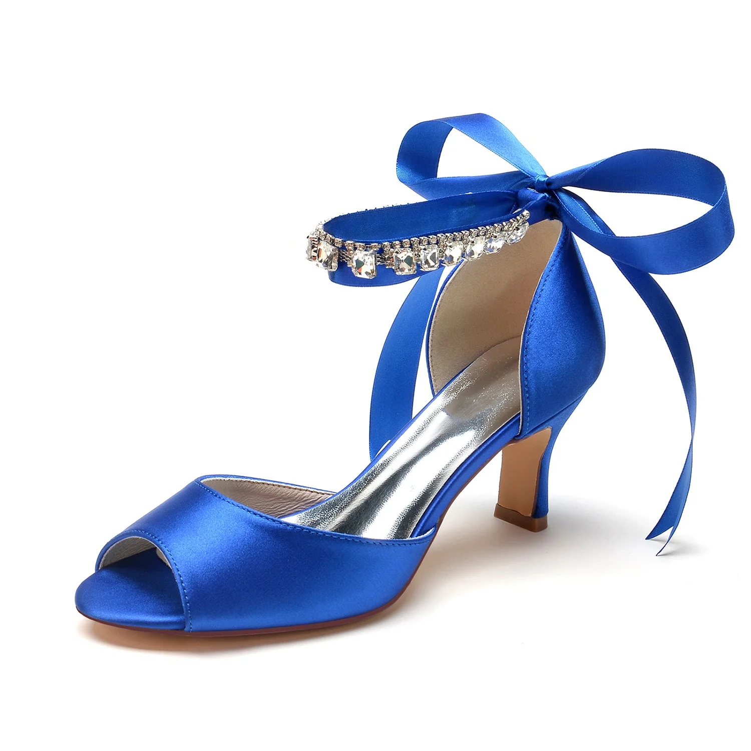 Women's Wedding Shoes Peep Toe Mid Heel Rhinestone Bow Buckle Bridal Shoes - Image 5