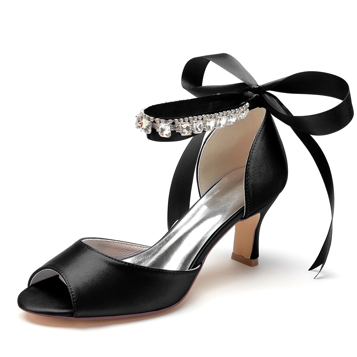 Women's Wedding Shoes Peep Toe Mid Heel Rhinestone Bow Buckle Bridal Shoes - Image 9