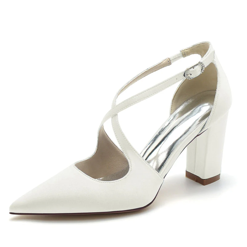 Women's Wedding Shoes Pointed Toe Block Heel Chic Bridal Shoes with Crossed Strap - Image 8