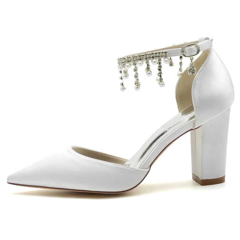 Women's Wedding Shoes Pointed Toe Block Heel Graceful Buckle Bridal Shoes with Pearl Tassels - Image 2