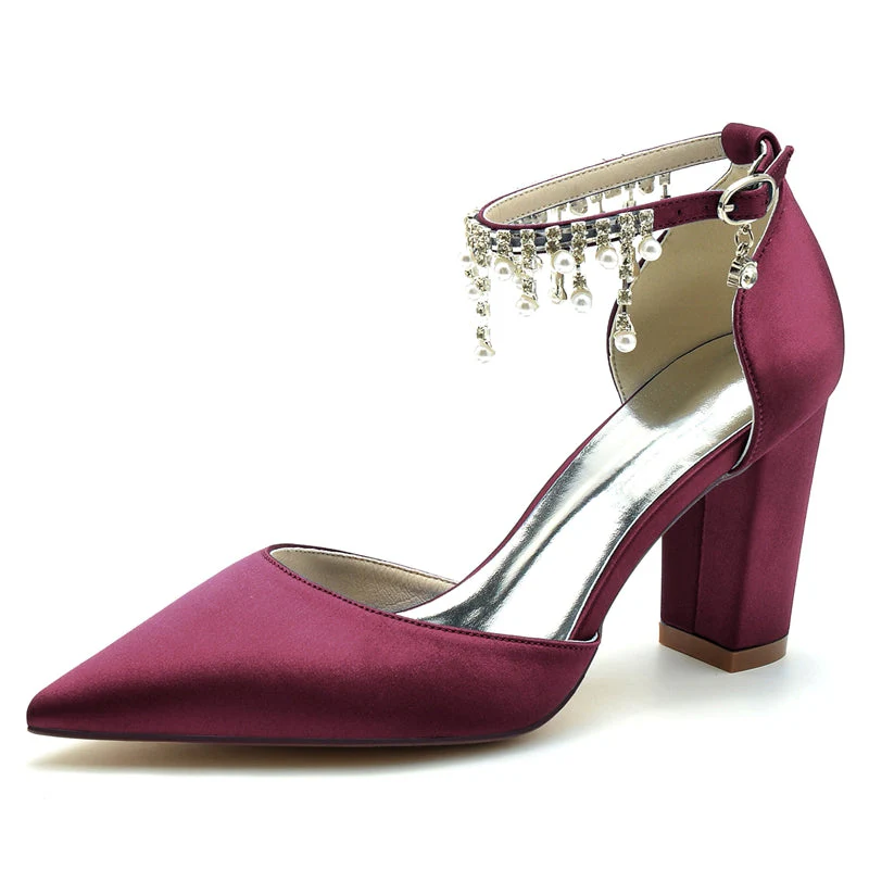 Women's Wedding Shoes Pointed Toe Block Heel Graceful Buckle Bridal Shoes with Pearl Tassels - Image 9