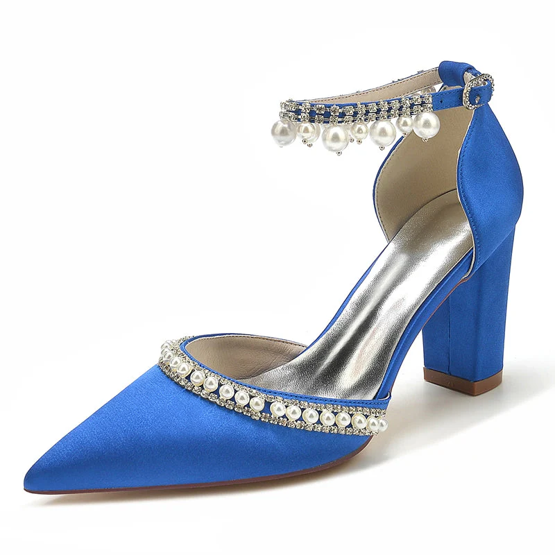 Women's Wedding Shoes Pointed Toe Block Heel Luxury Buckle Bridal Shoes with Crystal & Pearl - Image 8