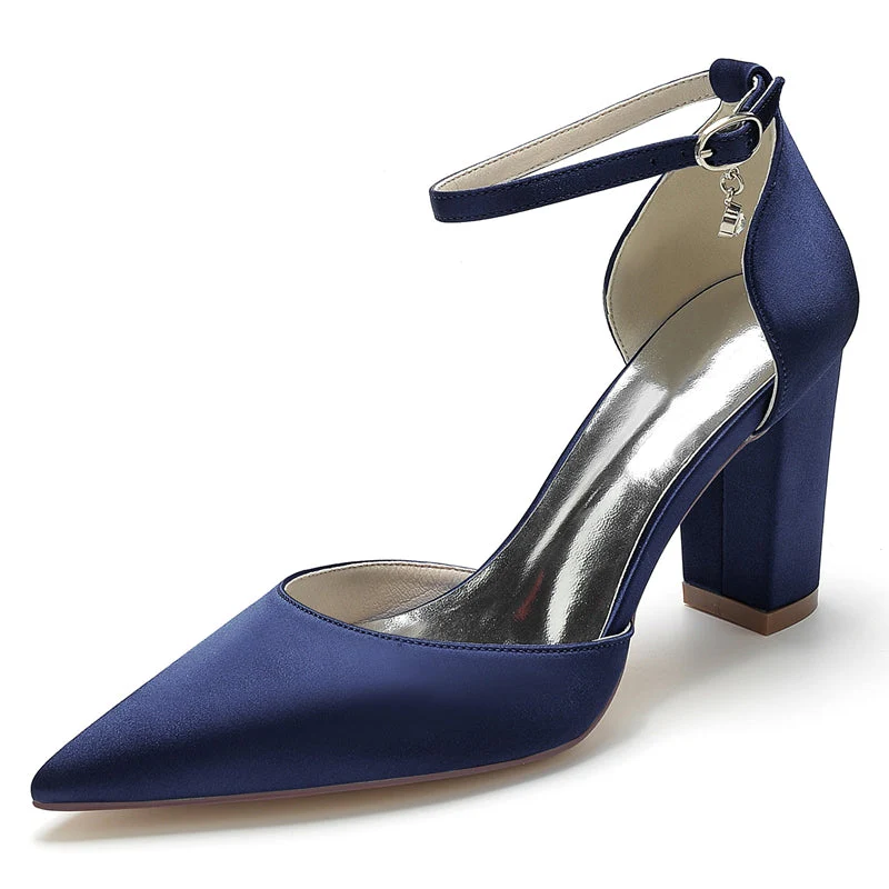Women's Wedding Shoes Pointed Toe Block Heel Simple Buckle Bridal Shoes with Crystal Pendant - Image 7