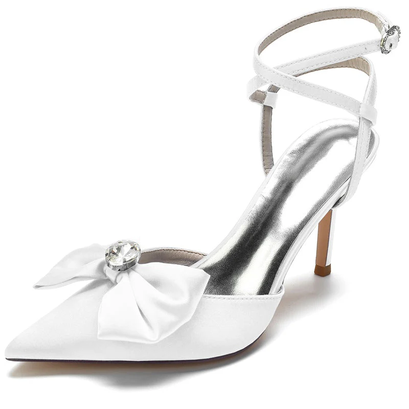 Women's Wedding Shoes Pointed Toe Bow Cross Buckle Bridal Shoes with Rhinestones - Image 7