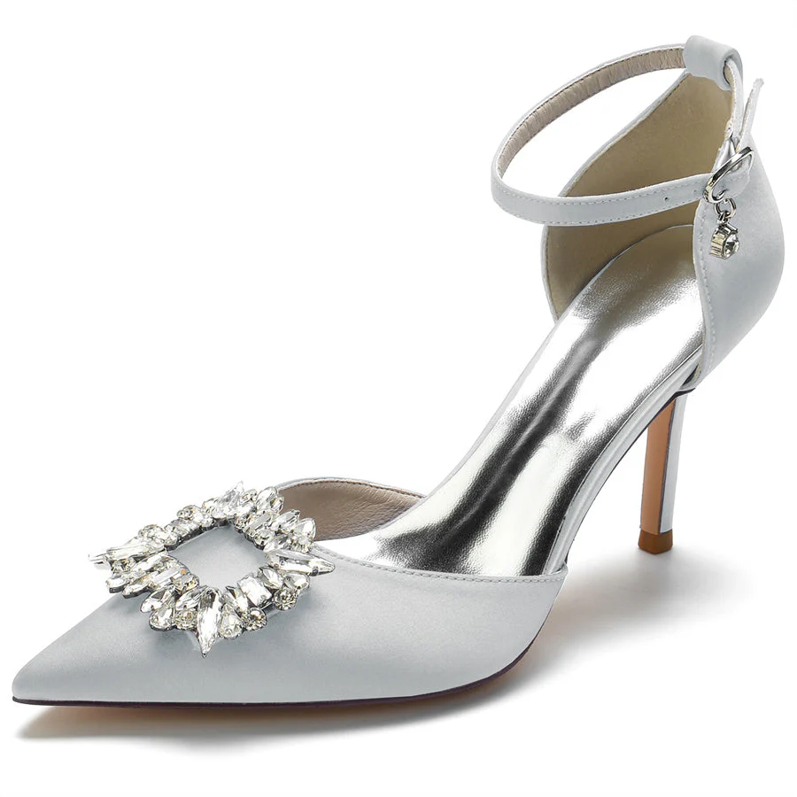 Women's Wedding Shoes Pointed Toe Buckle Bridal Shoes with Square Rhinestones - Image 13