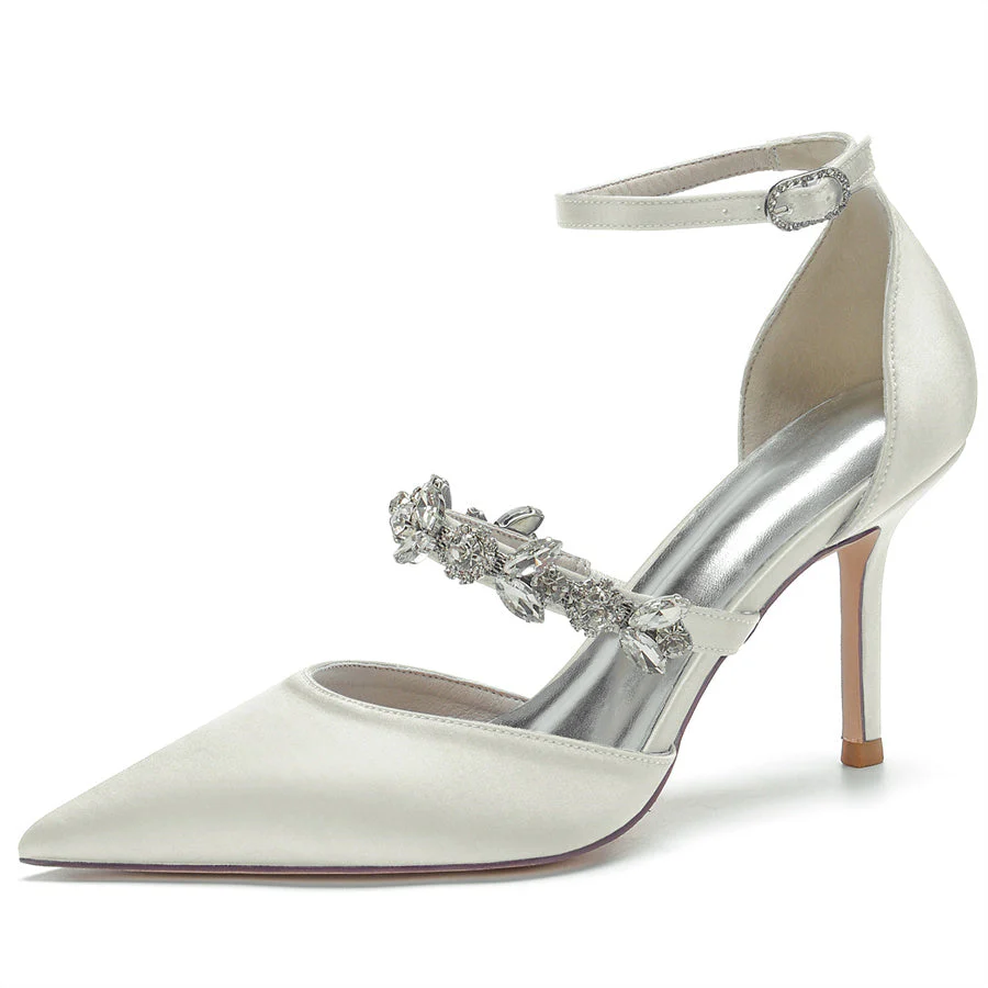 Women's Wedding Shoes Pointed Toe Buckle High Heel Bridal Shoes with Crystals Strap - Image 13