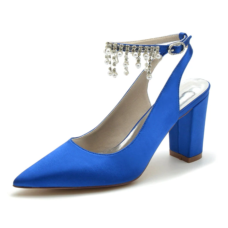 Women's Wedding Shoes Pointed Toe Chunky Heel Chic Buckle Bridal Shoes with Pearl Tassel - Image 6