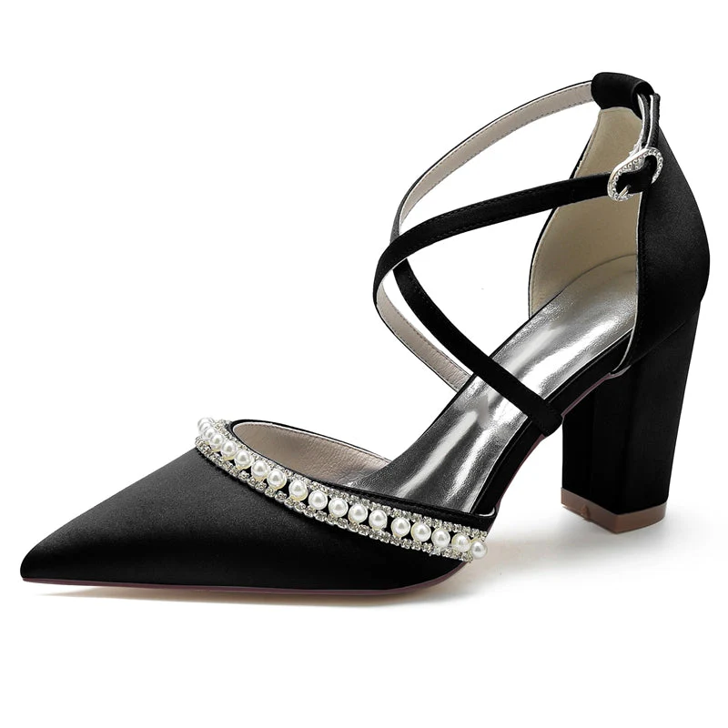 Women's Wedding Shoes Pointed Toe Chunky Heel Crossed Straps Bridal Shoes with Delicate Pearl - Image 13