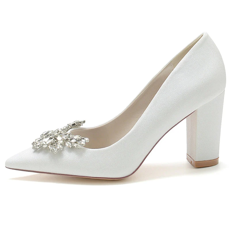 Women's Wedding Shoes Pointed Toe Chunky Heel Elegant Bridal Shoes with Delicate Rhinestone - Image 2