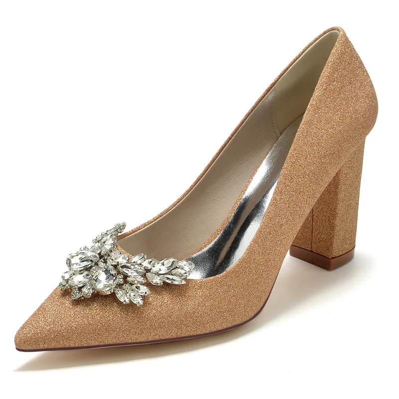 Women's Wedding Shoes Pointed Toe Chunky Heel Elegant Bridal Shoes with Delicate Rhinestone - Image 6