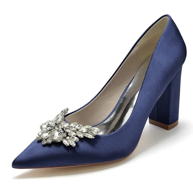 Women's Wedding Shoes Pointed Toe Chunky Heel Elegant Bridal Shoes with Rhinestone - Image 7