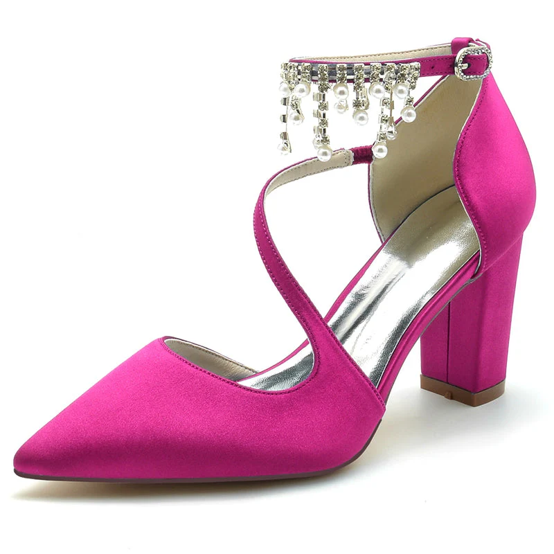 Women's Wedding Shoes Pointed Toe Crossed Strap Buckle Bridal Shoes with Pearl Tassels - Image 7