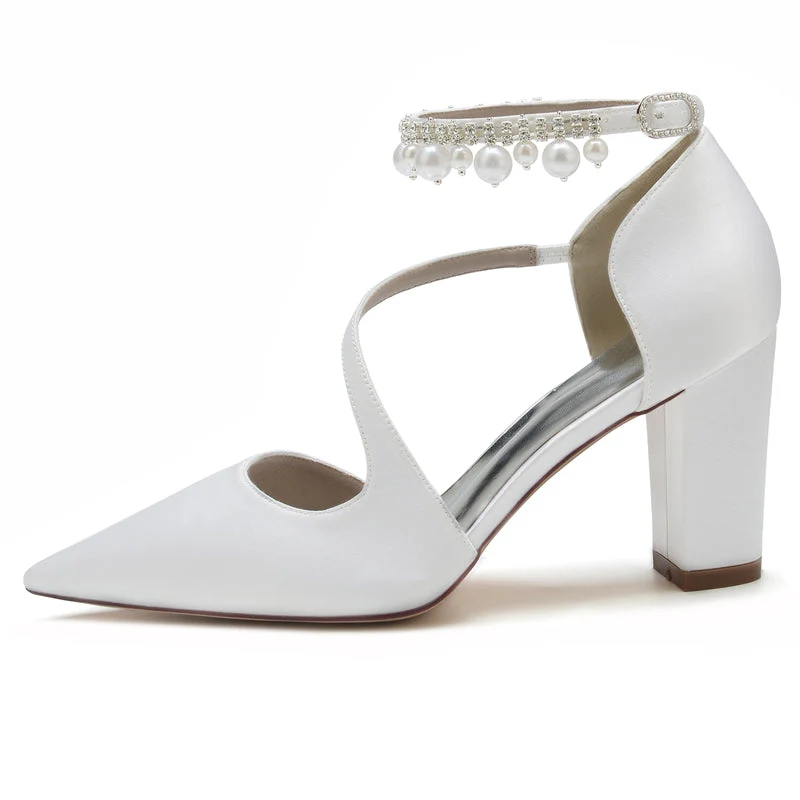 Women's Wedding Shoes Pointed Toe Crossed Straps Buckle Sophisticated Bridal Shoes with Pearl - Image 3